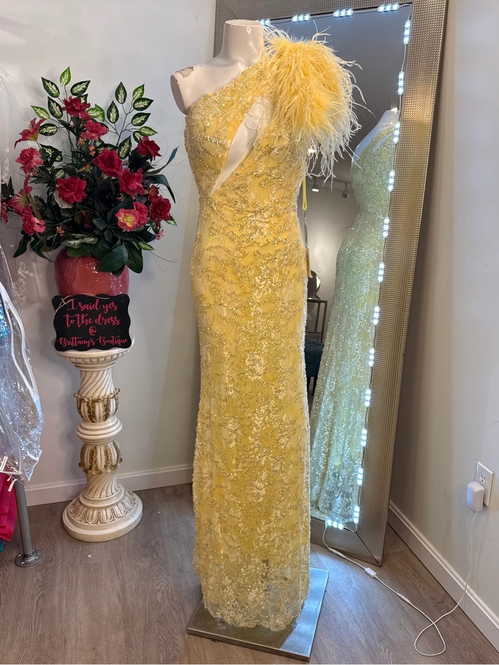 Tarik Ediz Yellow One-Shoulder Feather-Trim Evening Gown